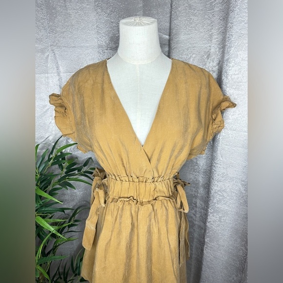 Zara Women’s Ruffle Sleeve Tie Waist Mini Dress in Camel Tan Sz Small - Picture 3 of 16